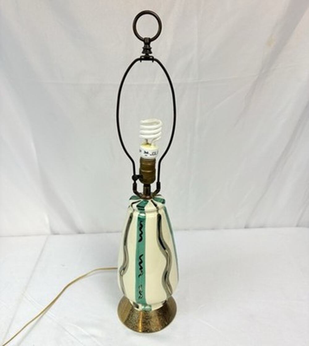 Vintage MCM Atomic Ceramic Table Lamp Retro Aqua Teal Blue White Gold 26”